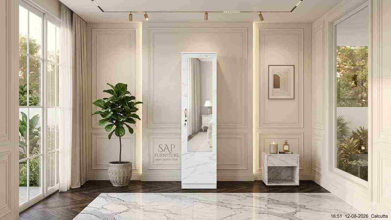 Luxurious White Marble-Finish Single-Door Wardrobe with Dressing Mirror & Lock