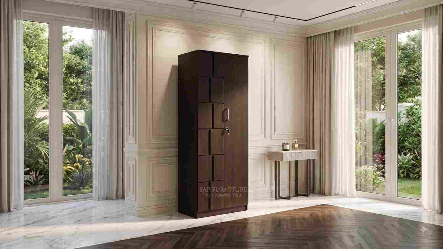 Contemporary Dark Walnut Wardrobe with Geometric Block Panel Accent & Lock