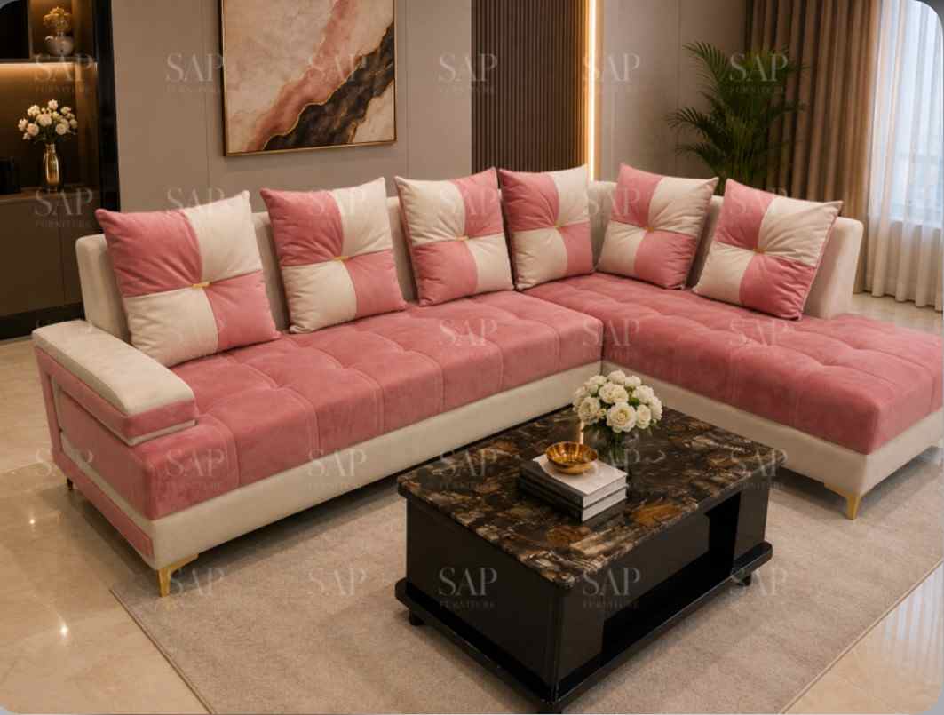 Premium L Shape Corner Sectional Sofa Set with Checkerboard Cushions Blush Pink and Off White