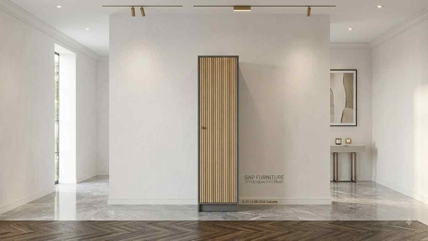 Modern Fluted Natural Oak Single-Door Wardrobe with Slate Grey Frame