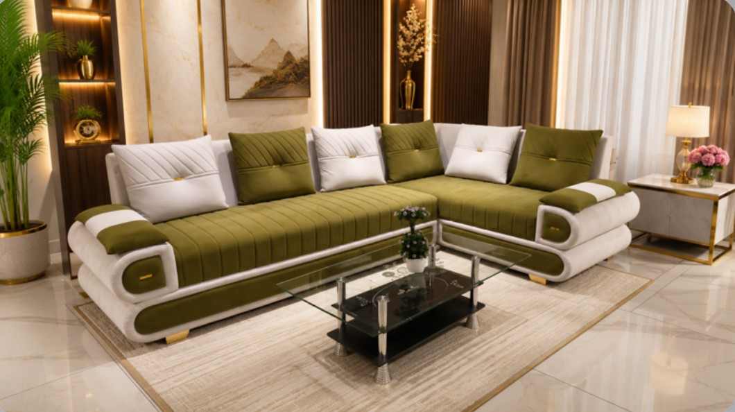 Emerald Luxury Olive & Off-White Sectional Sofa with Gold Details