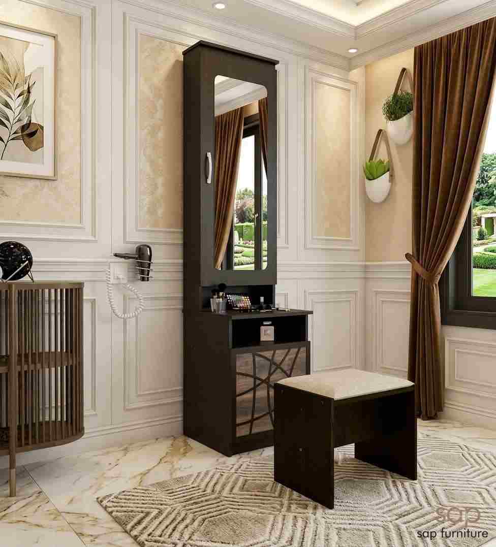 Espresso Geometric Compact Dressing Vanity with Stool