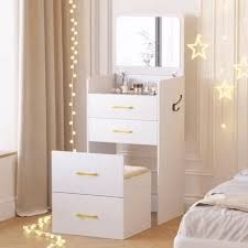 Lumina White Compact Dressing Table with Hidden Storage Stool